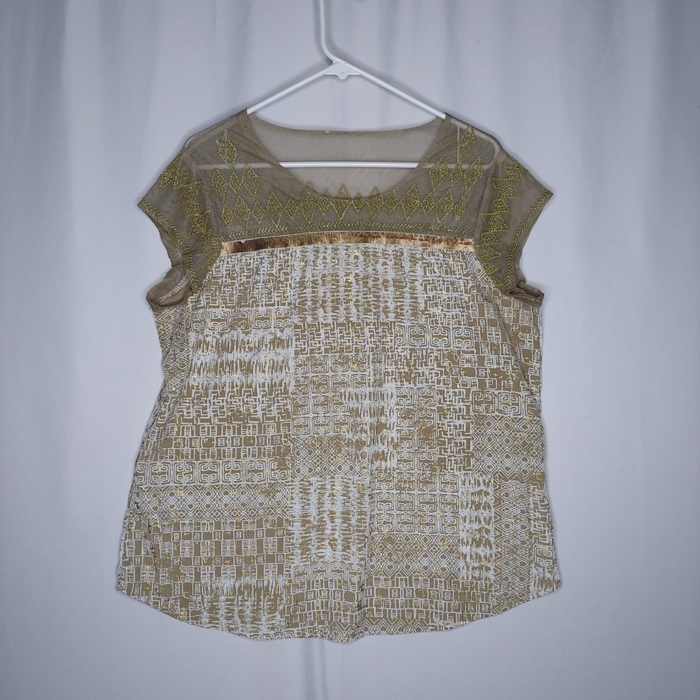 Chicos Top Womens‎ Large Beige Gold Geometric Sheer Embroidered Mesh Cap Sleeve